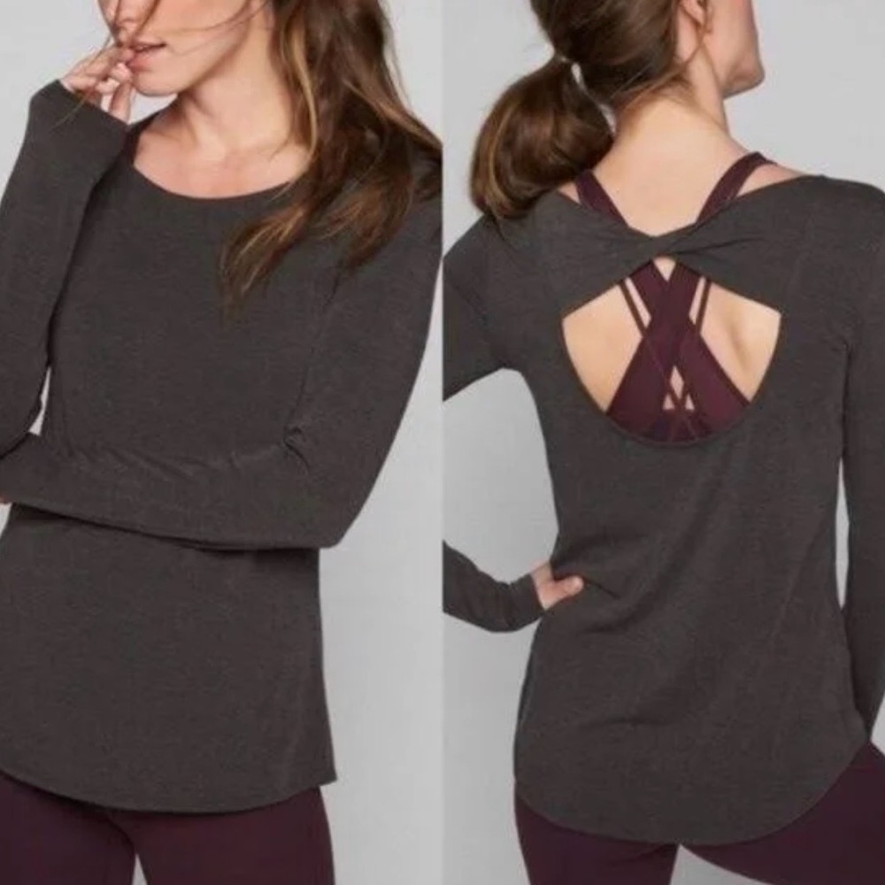 Athleta Dark Grey Open Back Flexlight Long Sleeve Athlesiure Top, Size Small